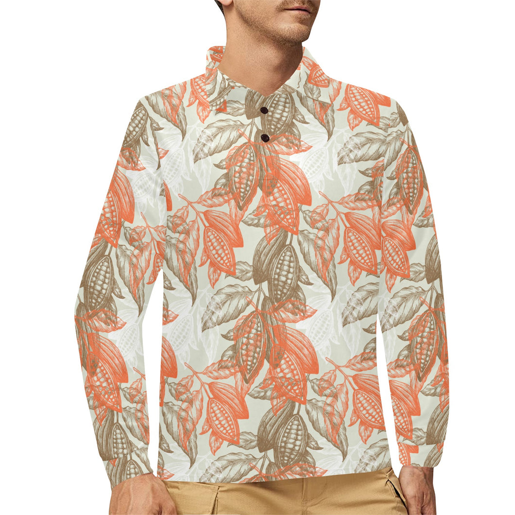 Cocoa beans Cocoa tree pattern Men's Long Sleeve Polo Shirt