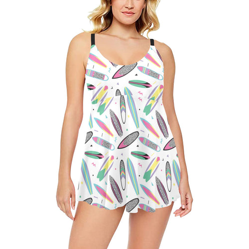 Surfboard Pattern Print Design 04 Chest Sexy Pleated Two Piece Swim Dress