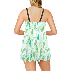 Green Peas Pattern Print Design 01 Chest Sexy Pleated Two Piece Swim Dress