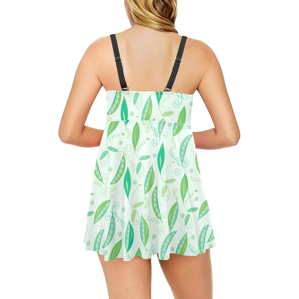 Green Peas Pattern Print Design 01 Chest Sexy Pleated Two Piece Swim Dress