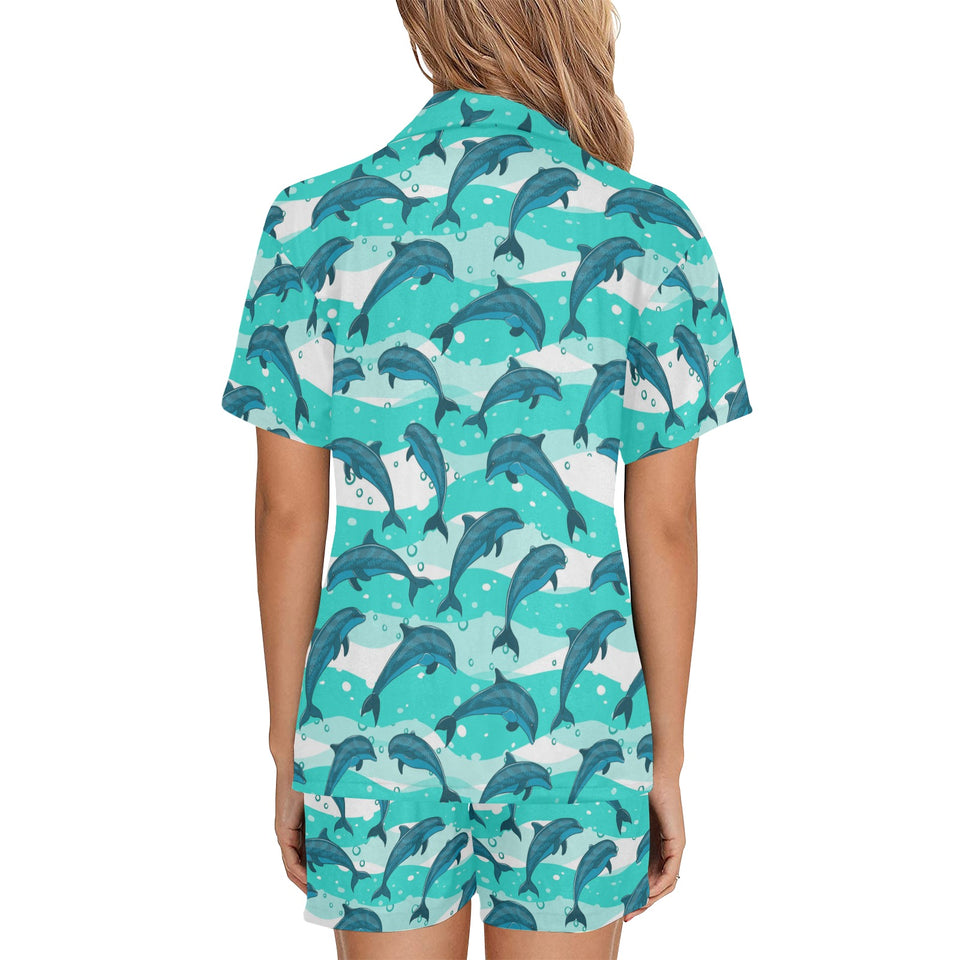 Dolphin sea pattern Women's V-Neck Short Pajama Set