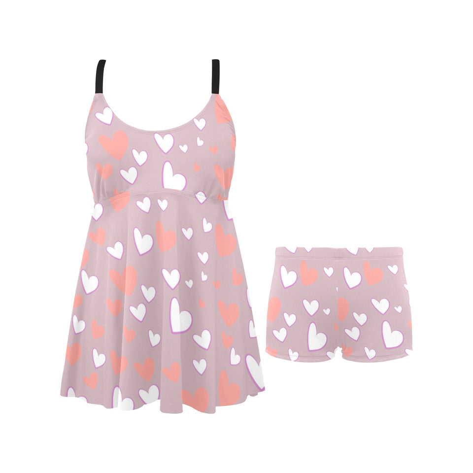 coral white heart pattern Chest Sexy Pleated Two Piece Swim Dress
