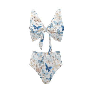 blue butterfly pattern Chest Bowknot High Waisted Bikini Swimsuit