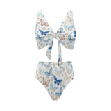 blue butterfly pattern Chest Bowknot High Waisted Bikini Swimsuit