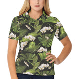 White orchid flower tropical leaves pattern blackg Women's All Over Print Polo Shirt