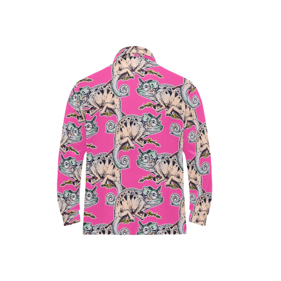 Chameleon lizard pattern pink background Men's Long Sleeve Polo Shirt