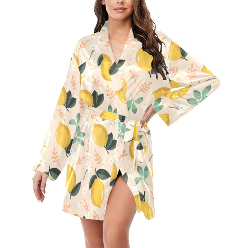 lemon flower leave pattern Women's Long Sleeve Belted Night Robe