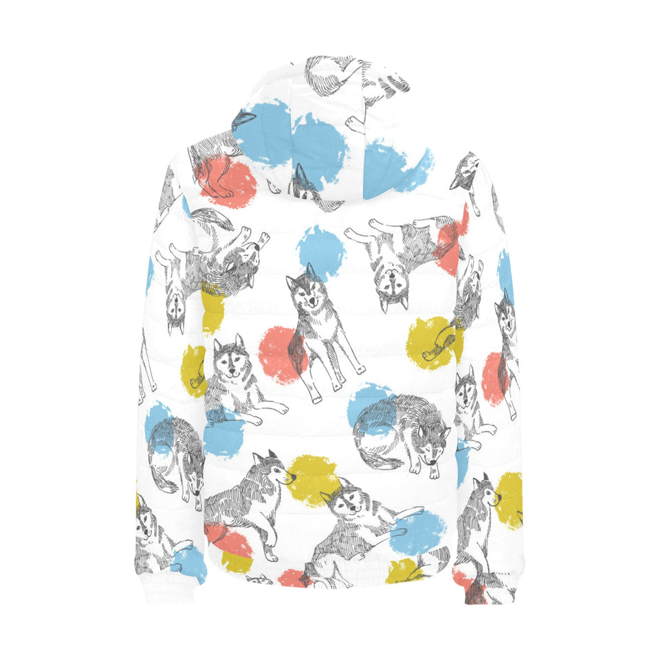 Siberian husky and colorful circle pattern Men's Padded Hooded Jacket