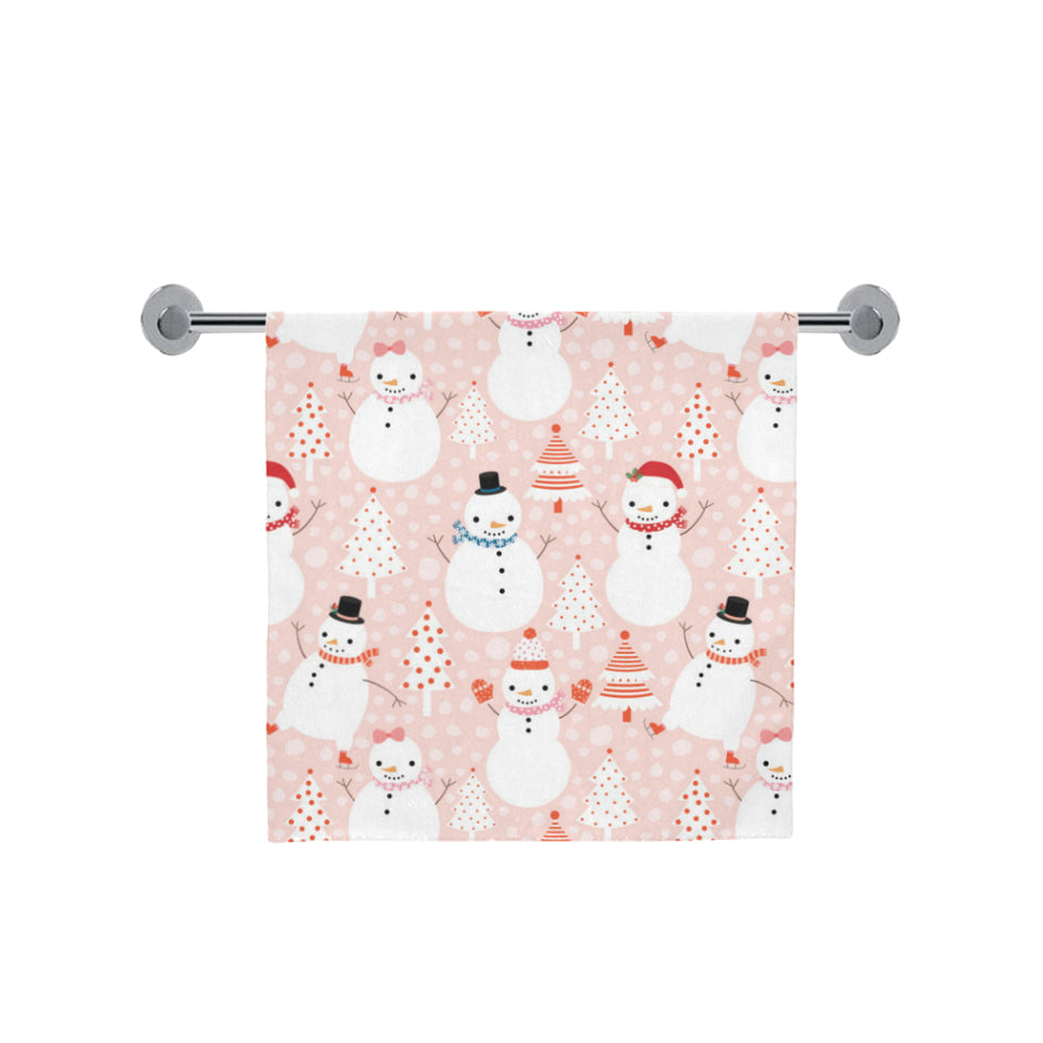Cute snowman christmas tree snowpink background Bath Towel