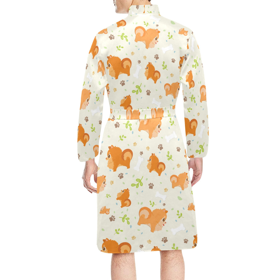 Cute brown pomeranian paw leave bone pattern Men's Long Sleeve Belted Night Robe