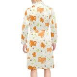 Cute brown pomeranian paw leave bone pattern Men's Long Sleeve Belted Night Robe
