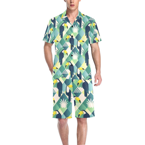 Toucan tropical leaves design pattern Men's V-Neck Short Pajama Set