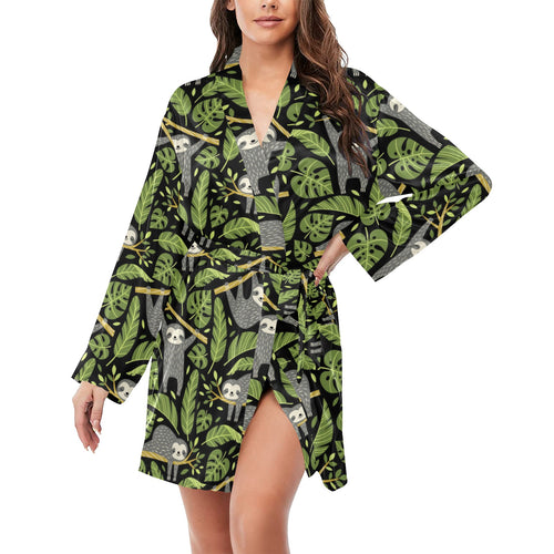 Cute sloths tropical palm leaves black background Women's Long Sleeve Belted Night Robe