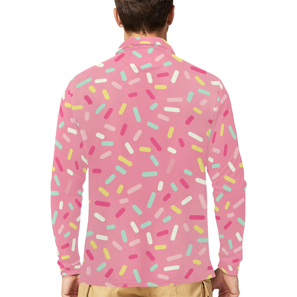 Pink donut glaze candy pattern Men's Long Sleeve Polo Shirt