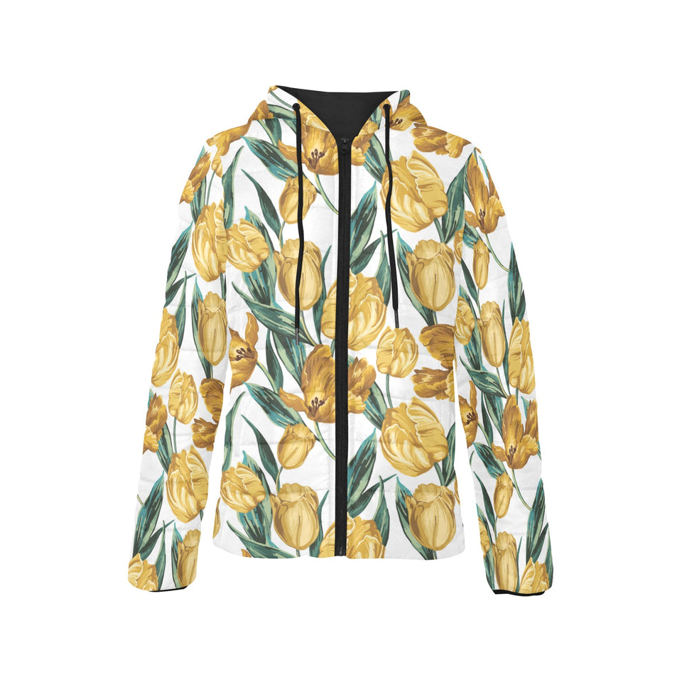 yellow tulips pattern Women's Padded Hooded Jacket