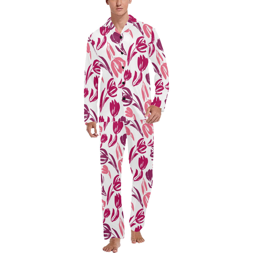 pink sketch tulip pattern Men's Long Pajama Set