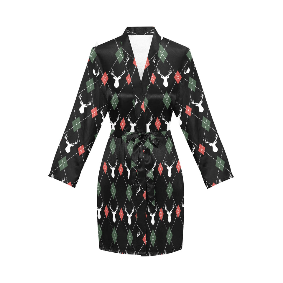 Deer Christmas new year pattern argyle Women's Long Sleeve Belted Night Robe