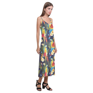 Colorful parrot flower pattern V-Neck Open Fork Long Dress