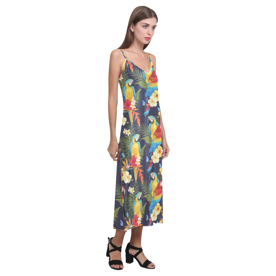 Colorful parrot flower pattern V-Neck Open Fork Long Dress