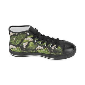 White orchid flower tropical leaves pattern blackg Women's High Top Canvas Shoes Black