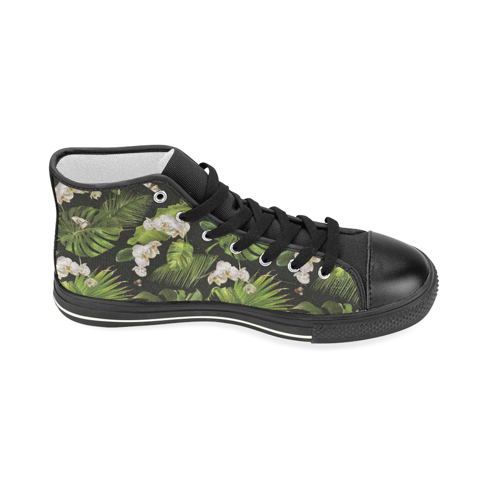 White orchid flower tropical leaves pattern blackg Women's High Top Canvas Shoes Black