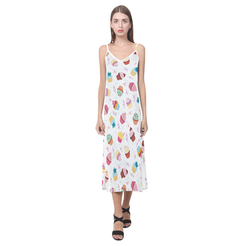 Cake cupcake design pattern V-Neck Open Fork Long Dress