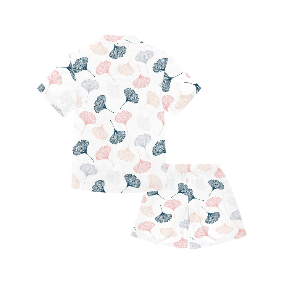 Black Gray Cream coral ginkgo leaves pattern Kids' Boys' Girls' V-Neck Short Pajama Set