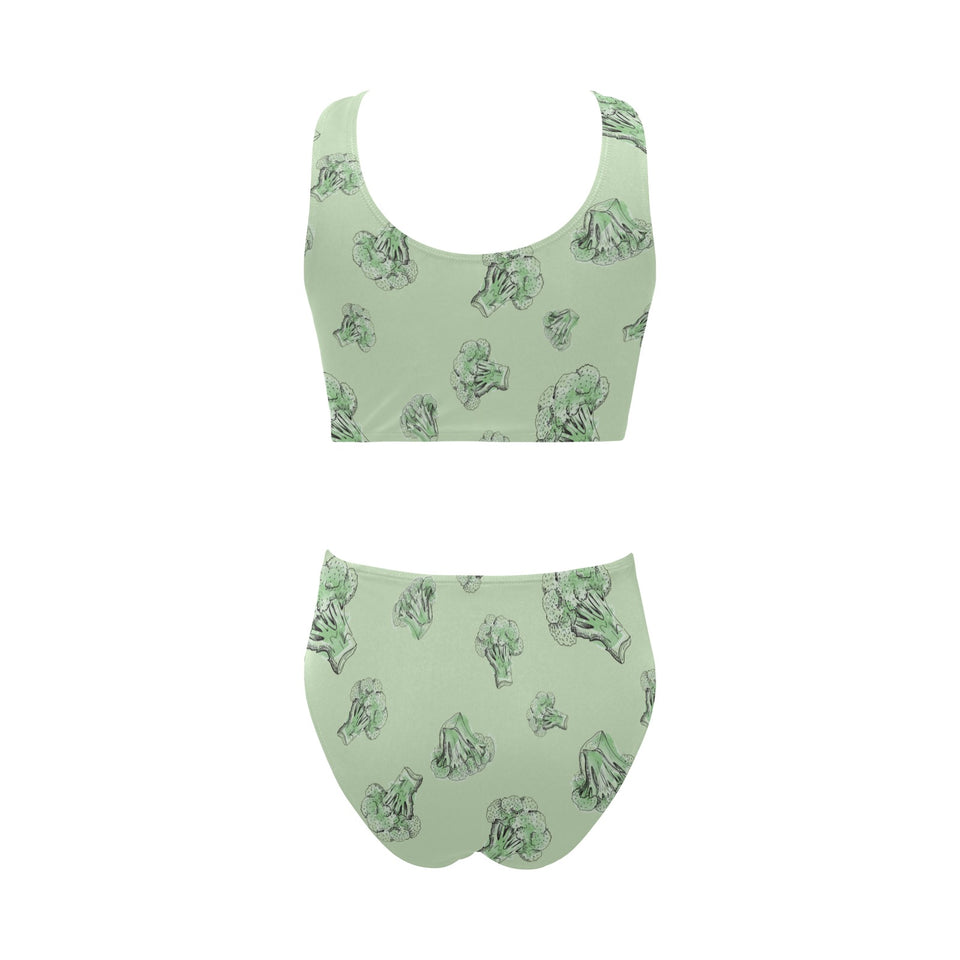broccoli sketch pattern Chest Bowknot High Waisted Bikini Swimsuit