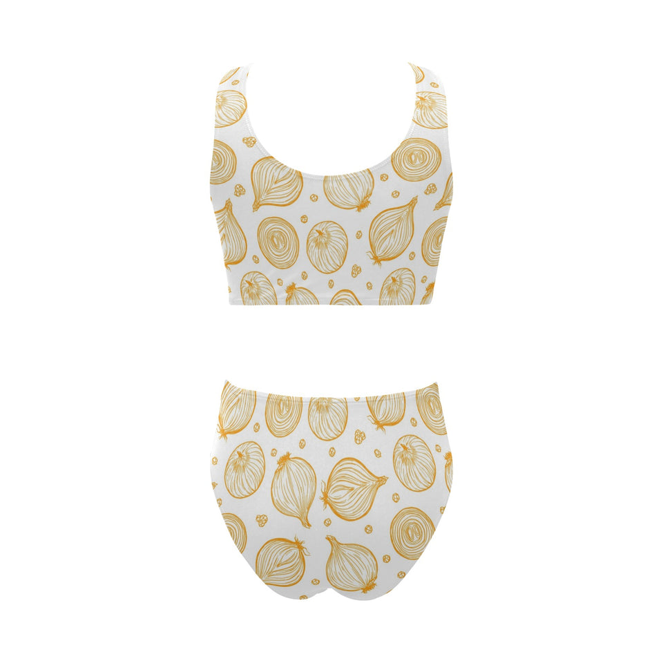 hand drawn onion pattern Chest Bowknot High Waisted Bikini Swimsuit