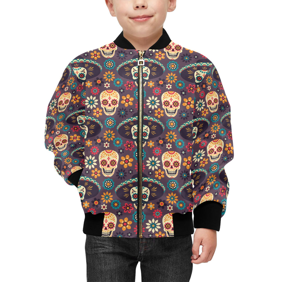 Sugar skulls flower maxican pattern Kids' Boys' Girls' Bomber Jacket