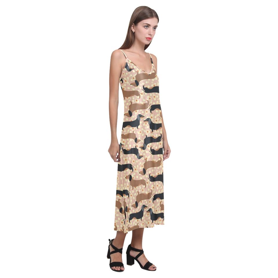 Dachshund floral background V-Neck Open Fork Long Dress