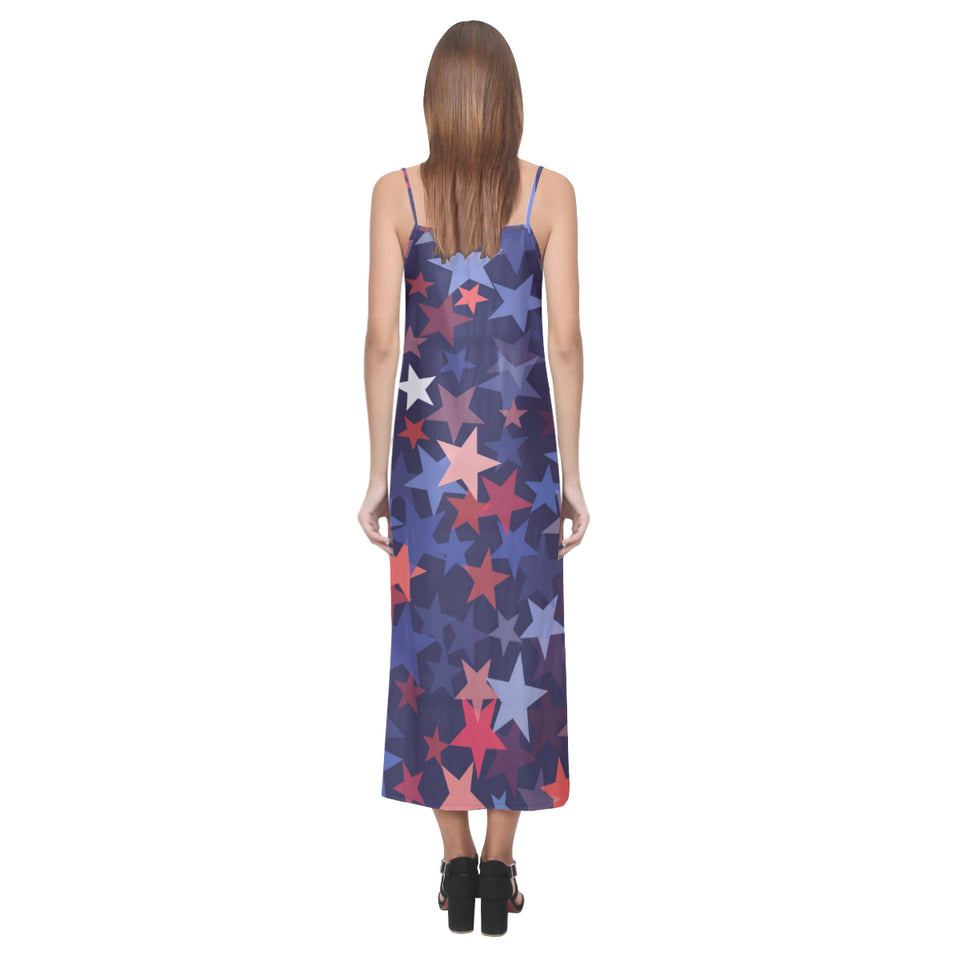 Red blue star pattern V-Neck Open Fork Long Dress