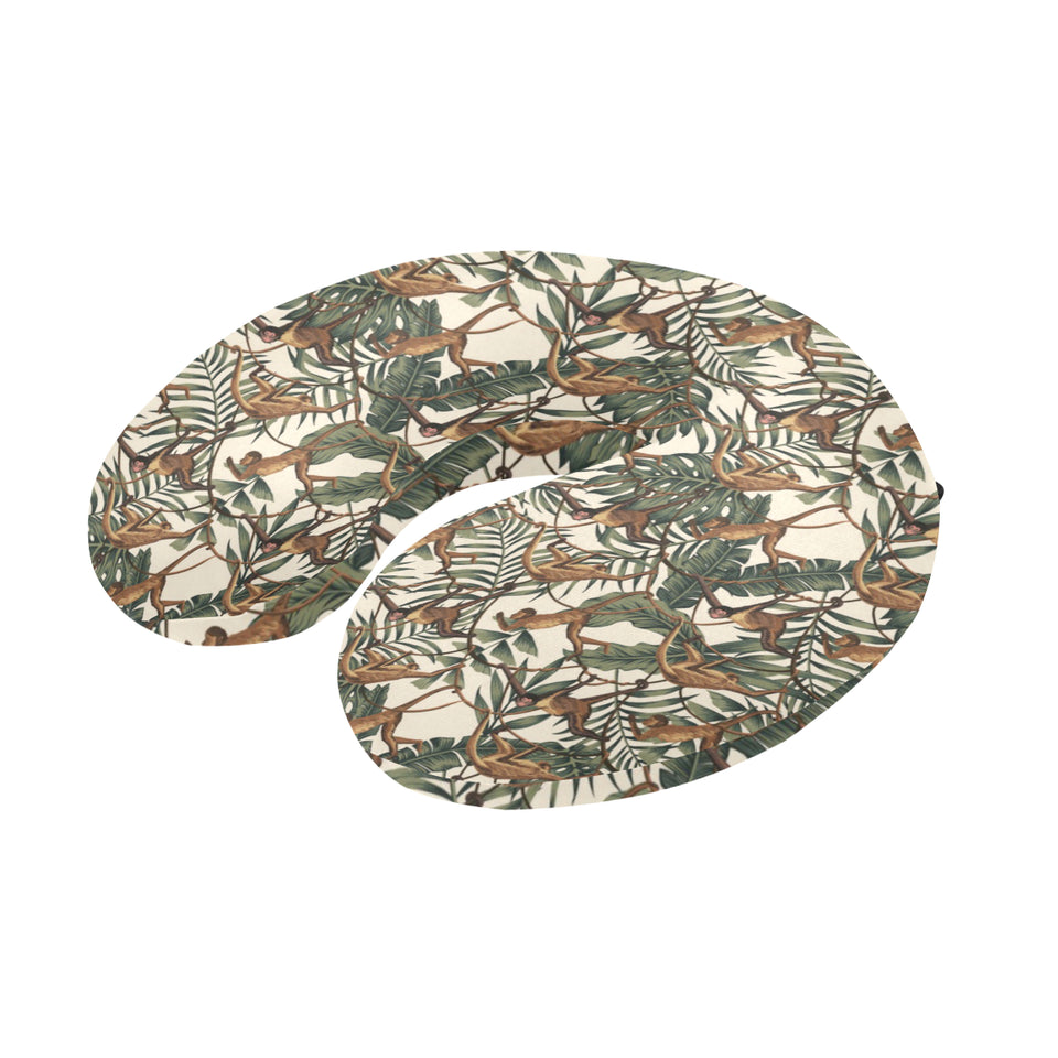 Monkey tropical leaves background U-Shaped Travel Neck Pillow