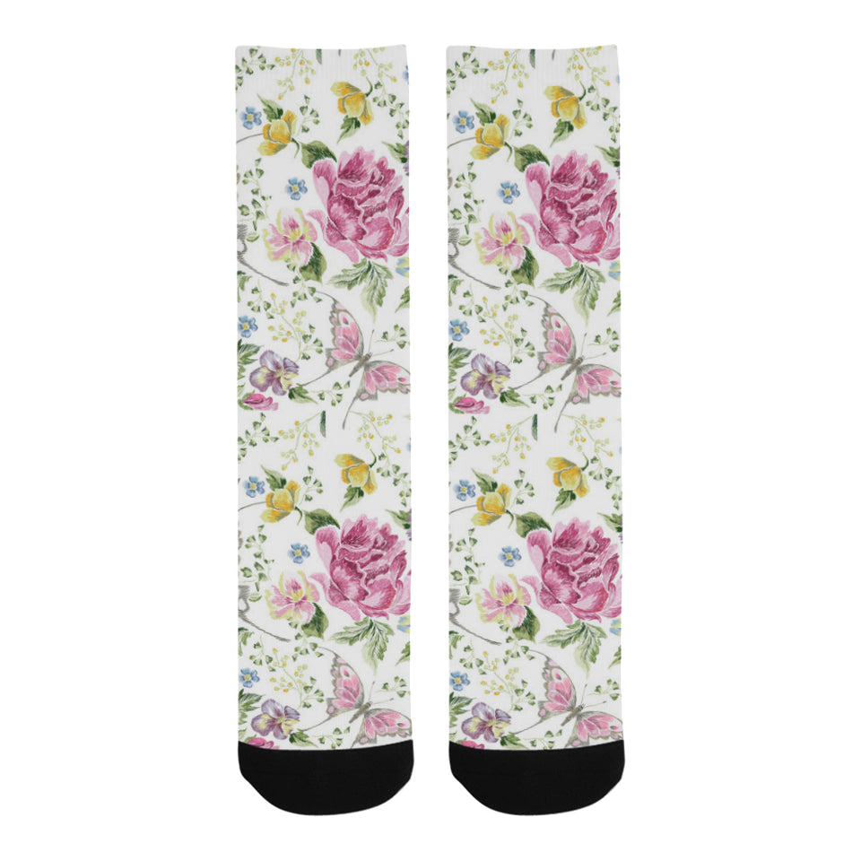 Hand drawn butterfly rose Crew Socks