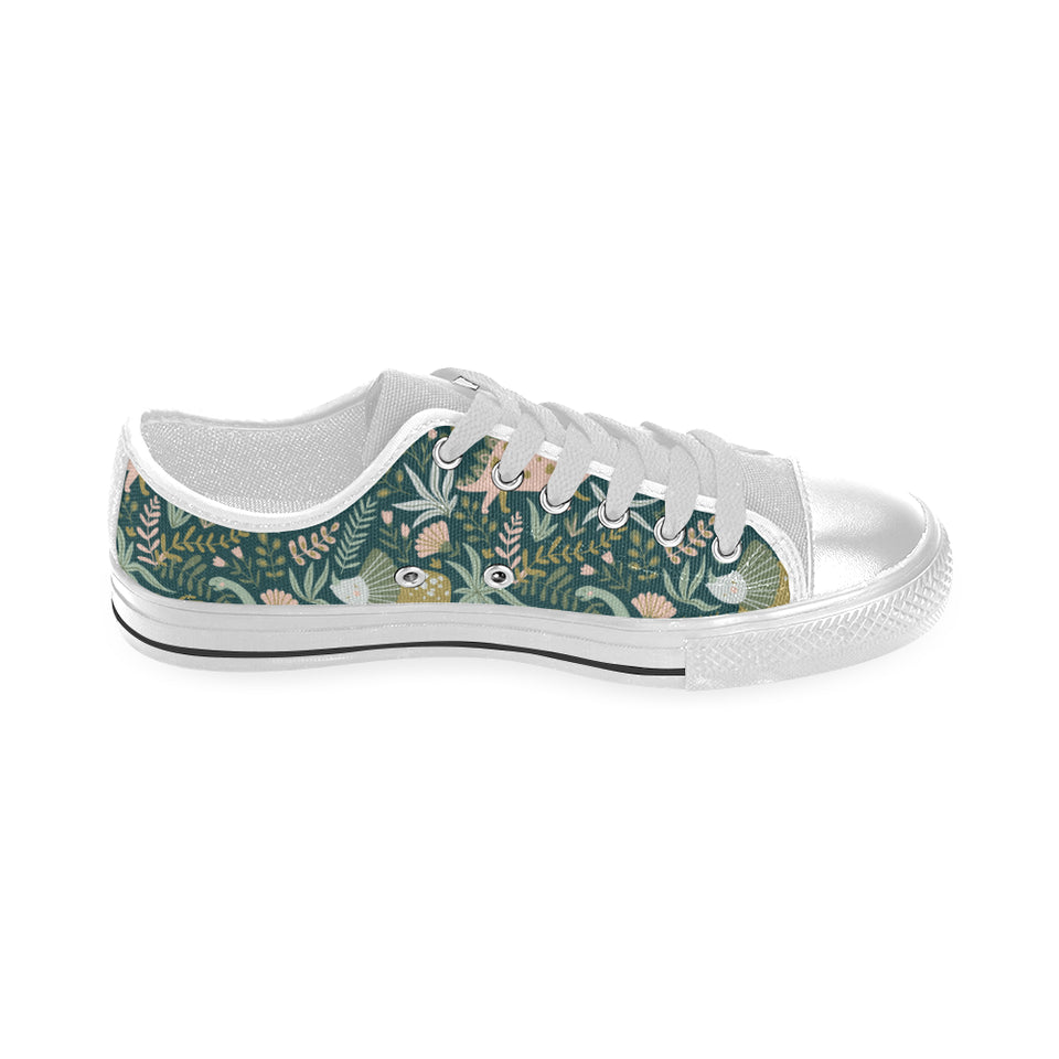 dinosaurs tropical leaves flower pattern Men's Low Top Shoes White