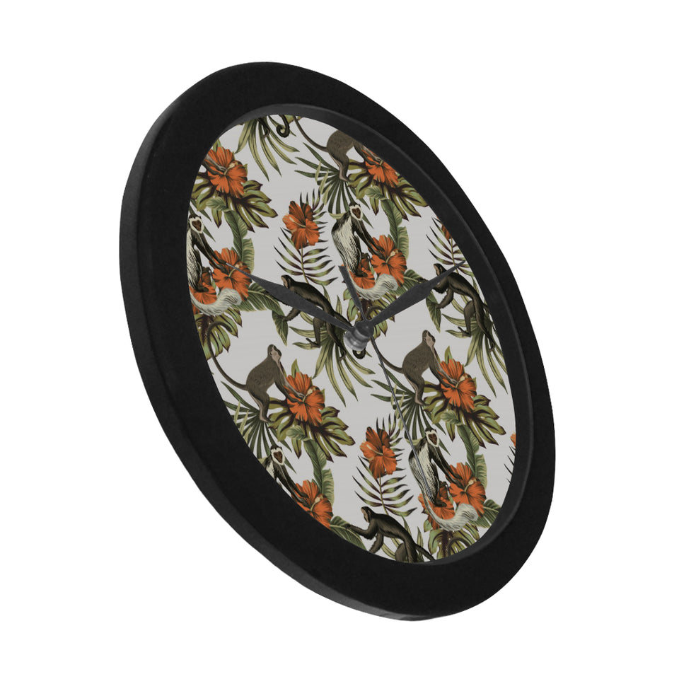 Monkey red hibiscus flower palm leaves floral patt Elegant Black Wall Clock