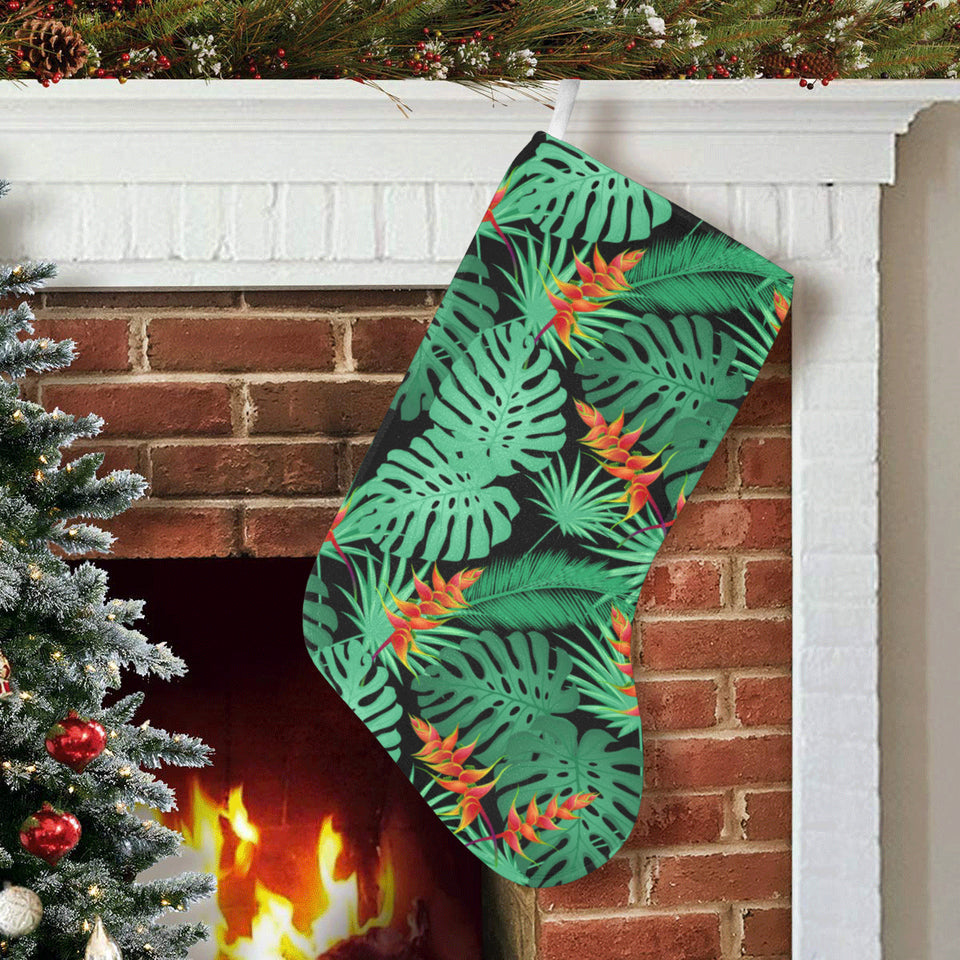 heliconia flower palm monstera leaves black backgr Christmas Stocking