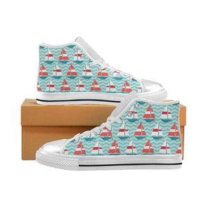Red White sailboat wave background Women's High Top Canvas Shoes White