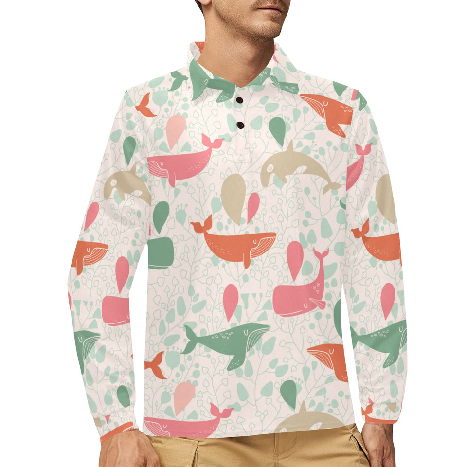 Cute whale pattern Men's Long Sleeve Polo Shirt