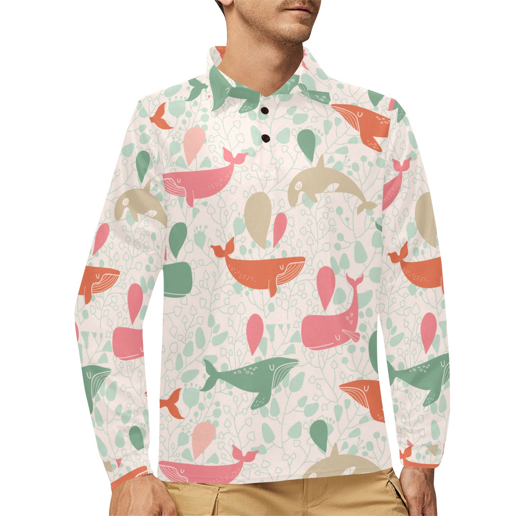 Cute whale pattern Men's Long Sleeve Polo Shirt