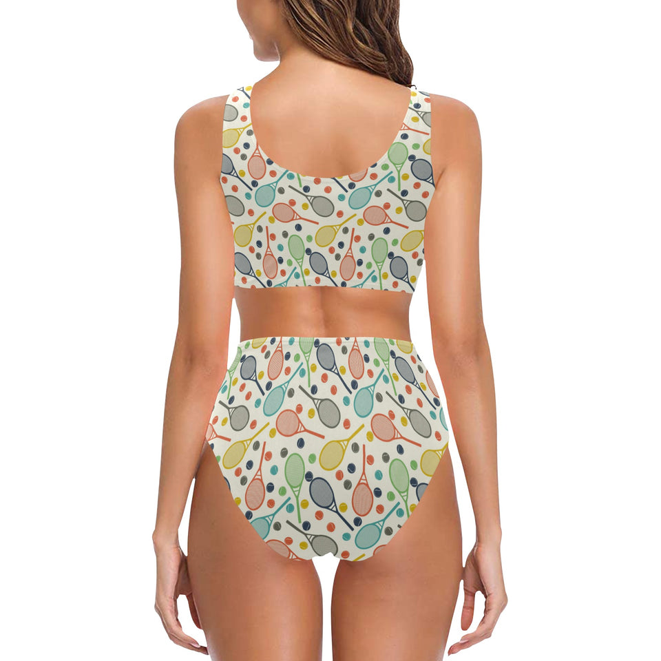Tennis Pattern Print Design 03 Chest Bowknot High Waisted Bikini Swimsuit