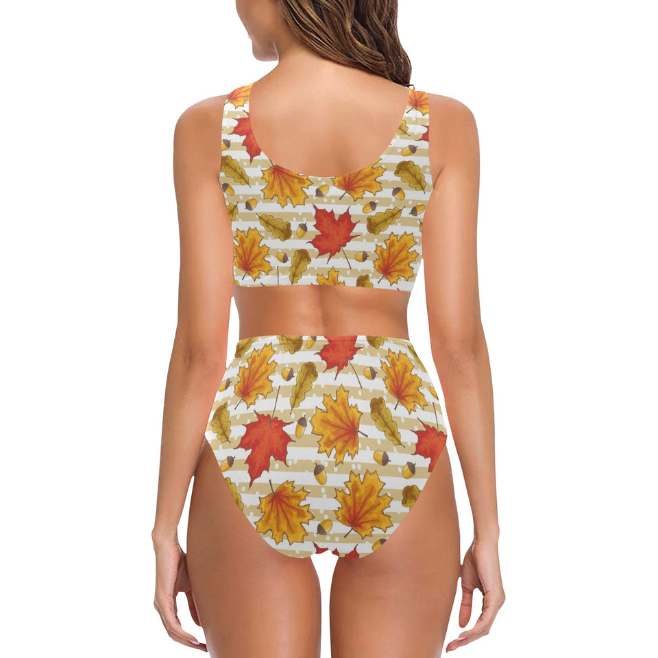 Maple leaf oak leaf acorns beige striped backgroun Chest Bowknot High Waisted Bikini Swimsuit
