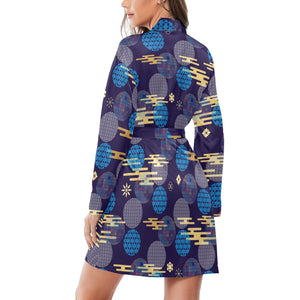Blue japanese pattern cloud wave flower Women's Long Sleeve Belted Night Robe