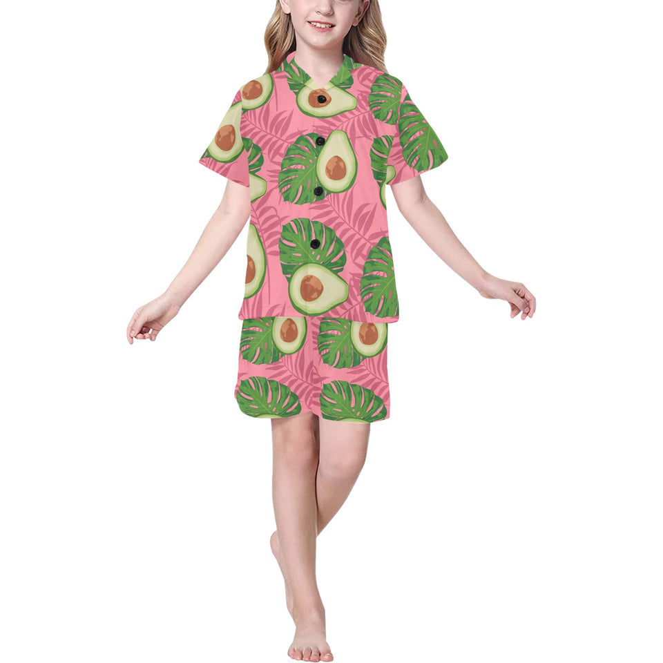 Avocado slices leaves pink back ground Kids' Boys' Girls' V-Neck Short Pajama Set