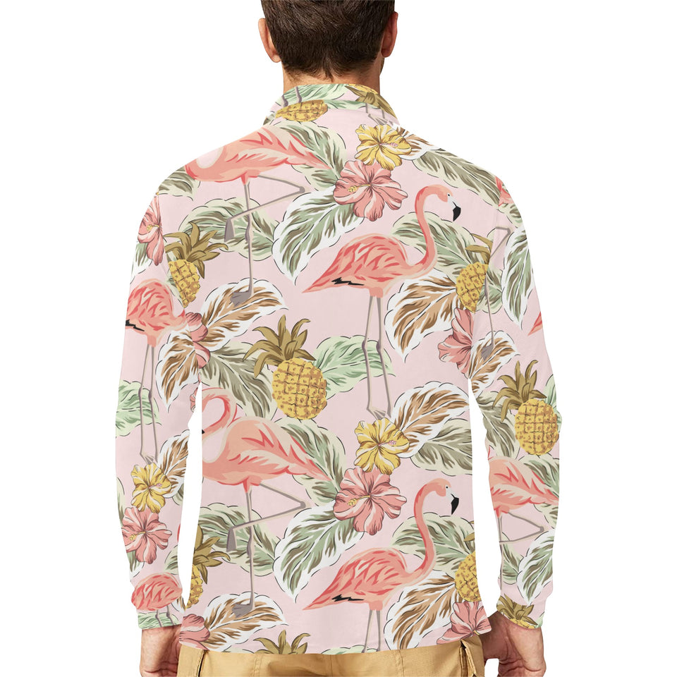 Pink flamingo birds pineapples hibiscus flower pat Men's Long Sleeve Polo Shirt