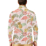 Pink flamingo birds pineapples hibiscus flower pat Men's Long Sleeve Polo Shirt