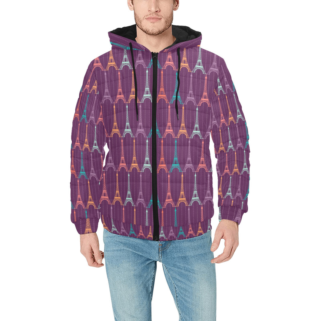 Eiffel Tower Pattern Print Design 05 Men's Padded Hooded Jacket