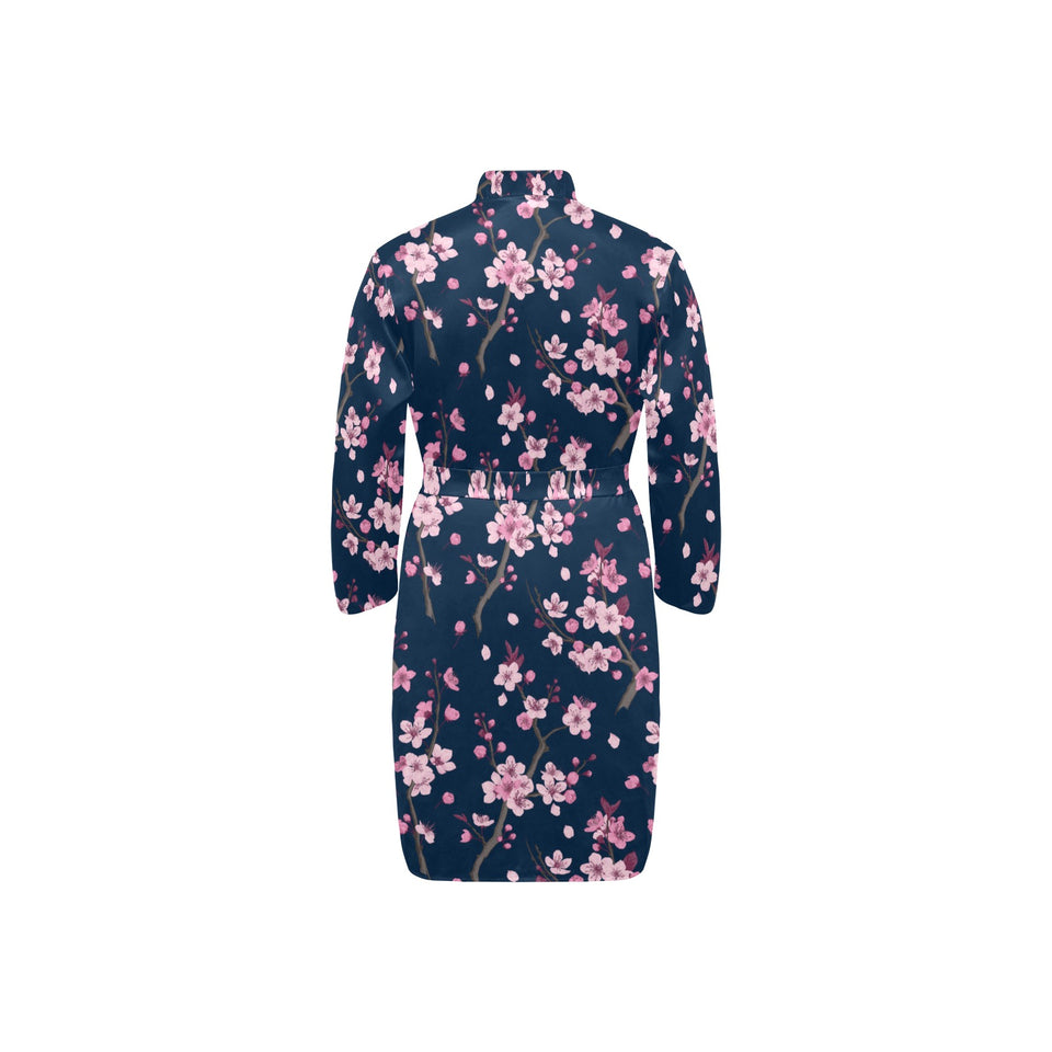 Pink sakura cherry blossom blue background Men's Long Sleeve Belted Night Robe