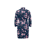 Pink sakura cherry blossom blue background Men's Long Sleeve Belted Night Robe