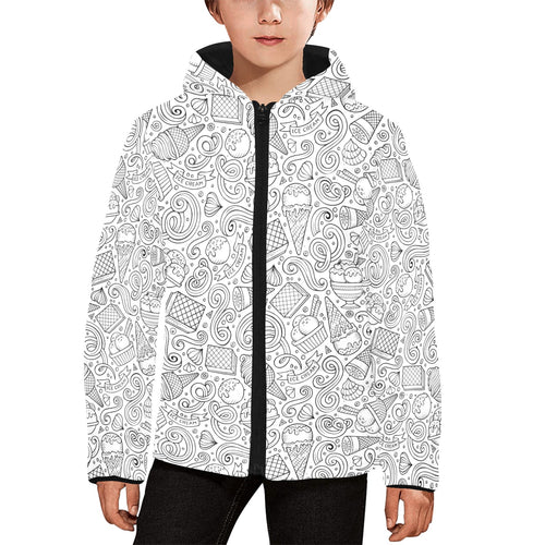 Cartoon hand drawn ice cream black white Kids' Boys' Girls' Padded Hooded Jacket